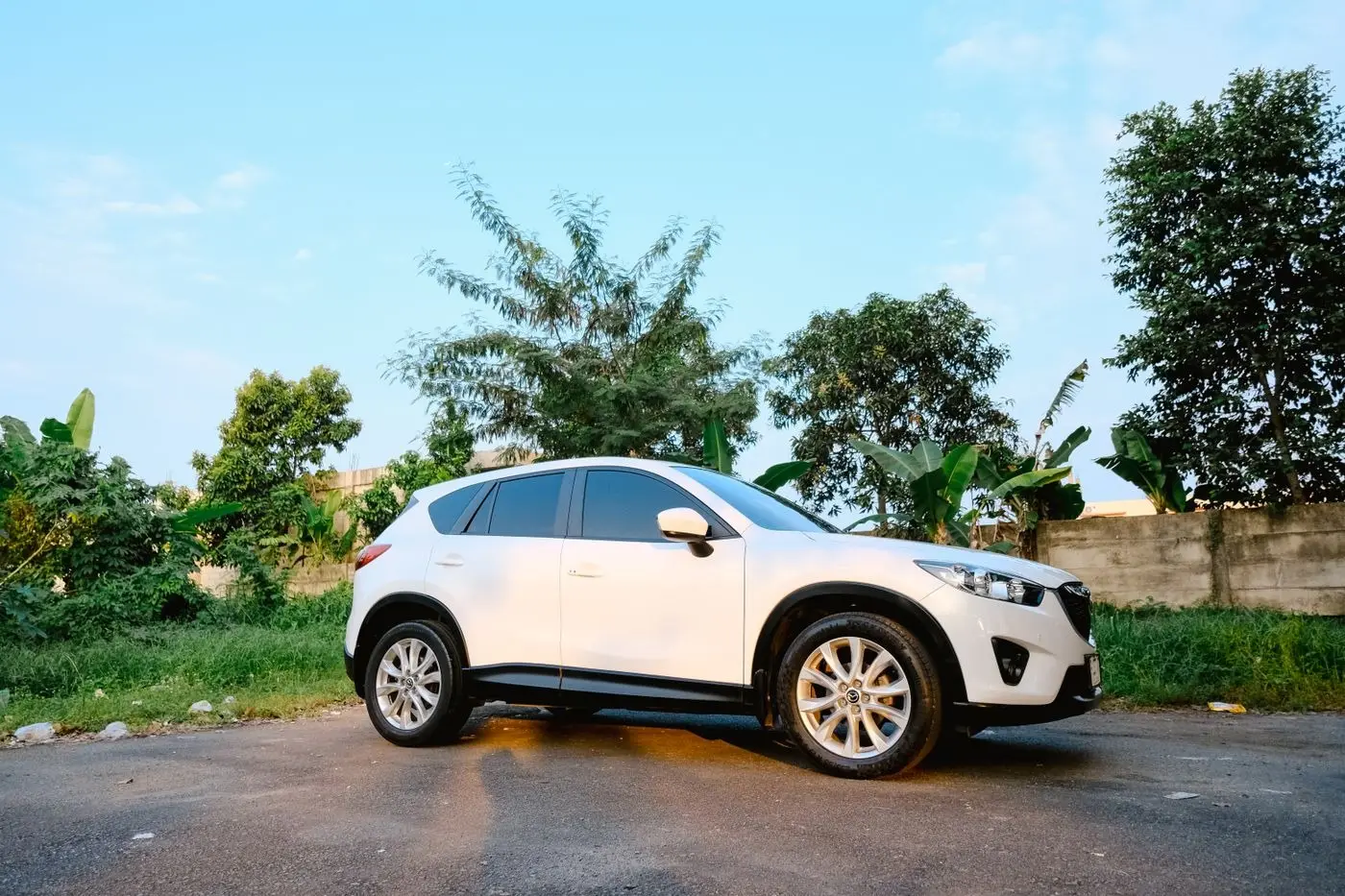 Mazda CX-5 màu trắng giữa cây xanh